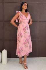 Beverly Floral Tie Shoulder Midi Dress Pink
