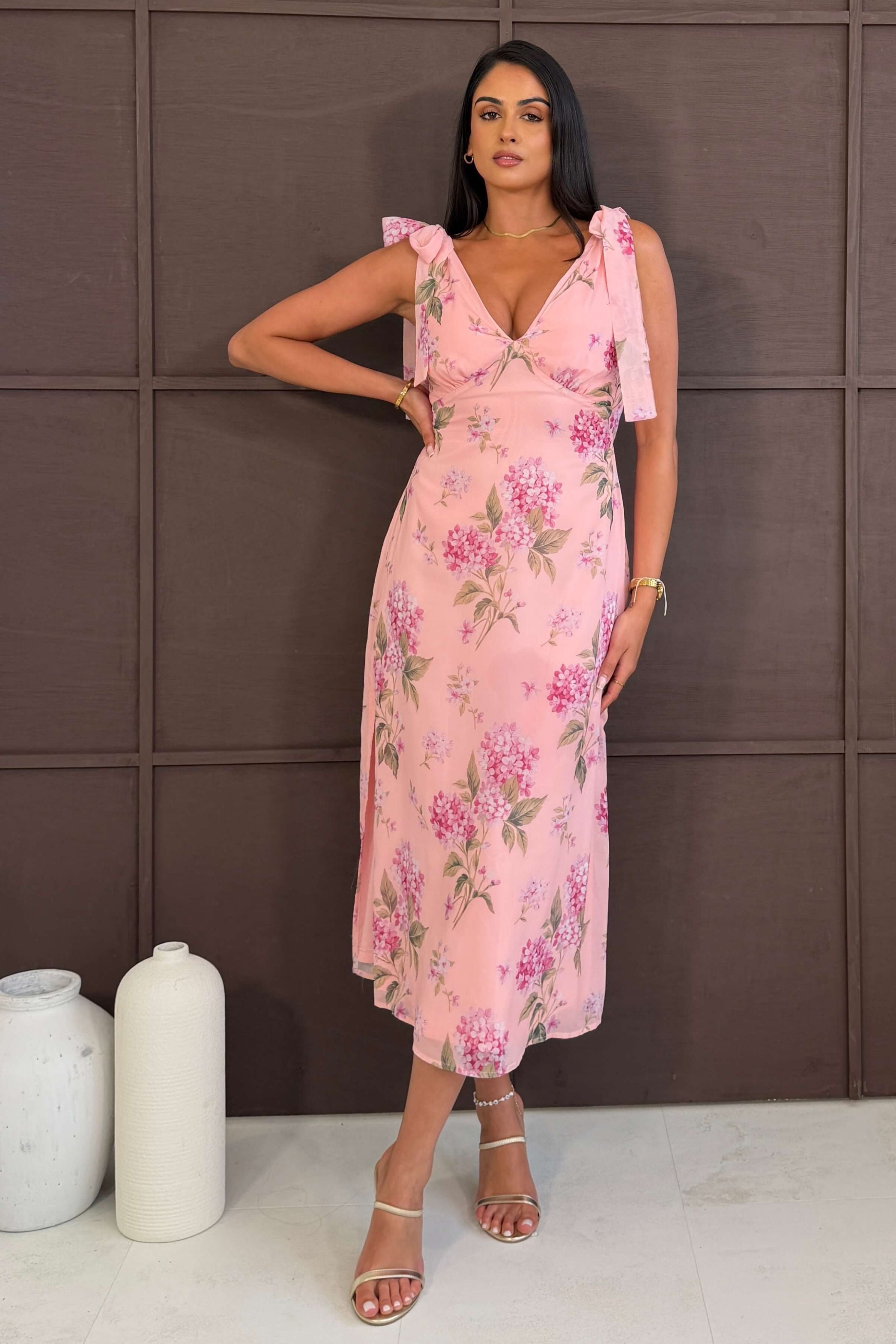 Beverly Floral Tie Shoulder Midi Dress Pink