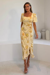 Heidi Floral Print Ruched Midi Dress Yellow
