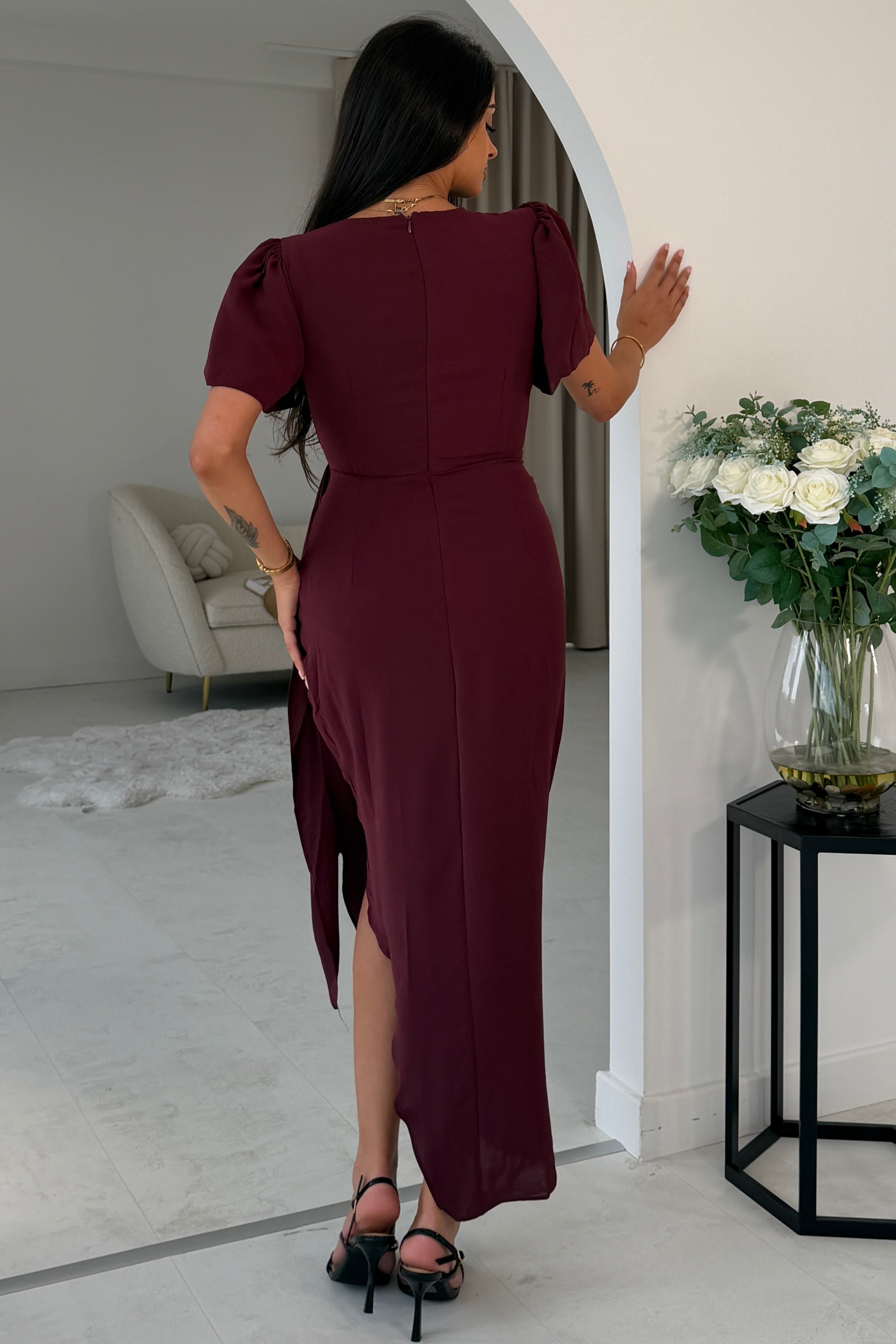 Drew Puff Sleeve Wrap Front Midi Dress Plum