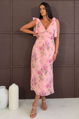 Beverly Floral Tie Shoulder Midi Dress Pink