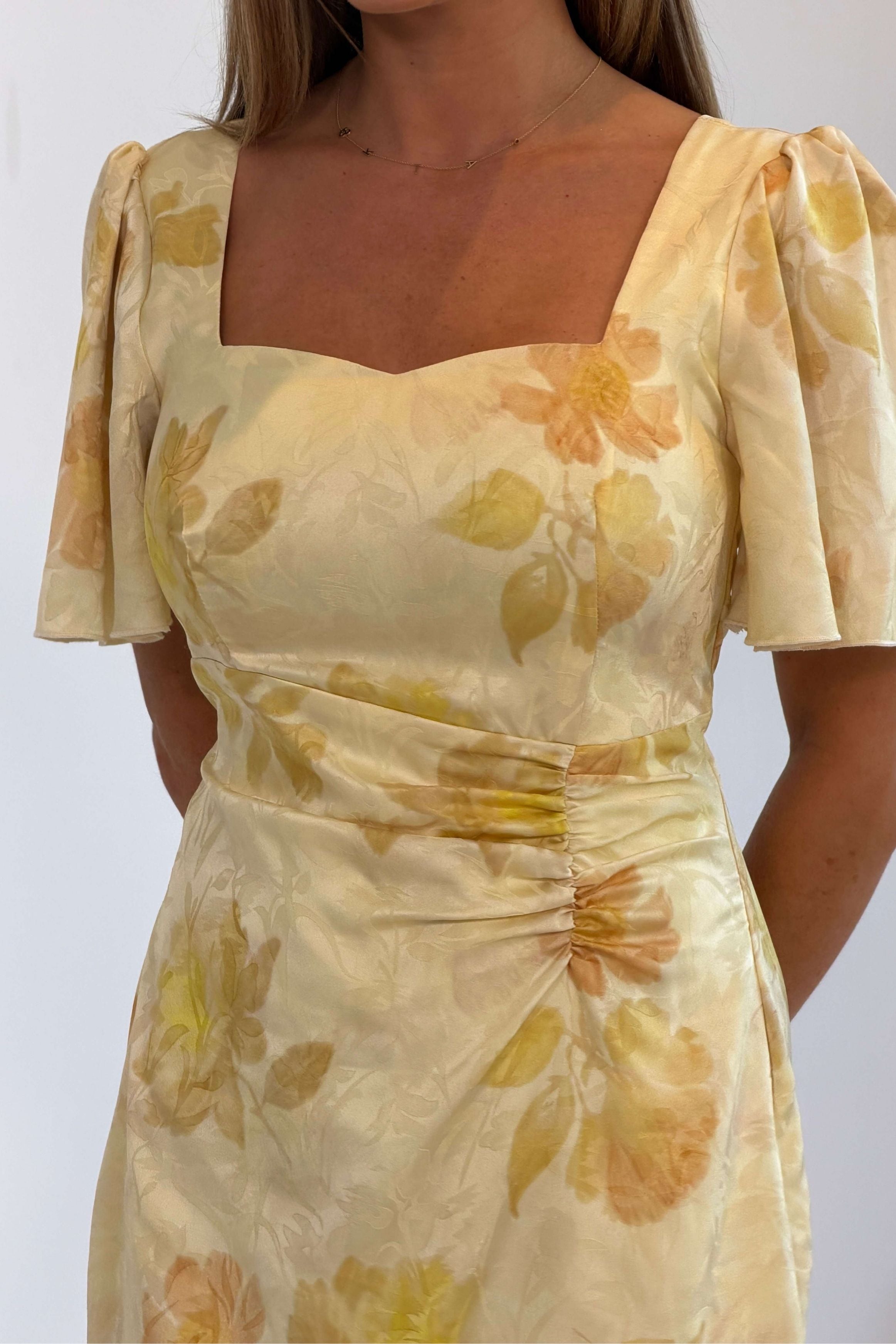 Heidi Floral Print Ruched Midi Dress Yellow