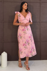 Beverly Floral Tie Shoulder Midi Dress Pink