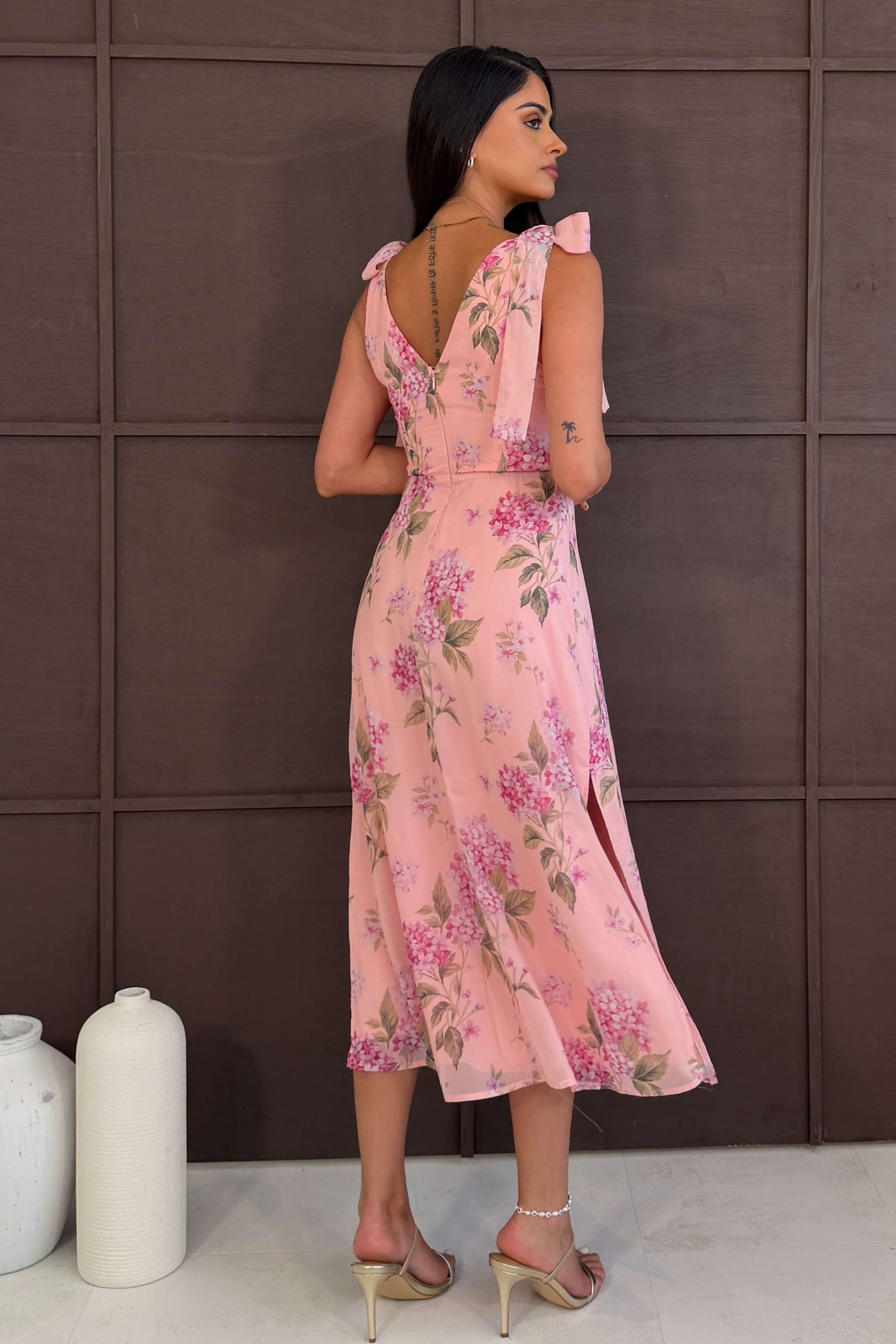 Beverly Floral Tie Shoulder Midi Dress Pink