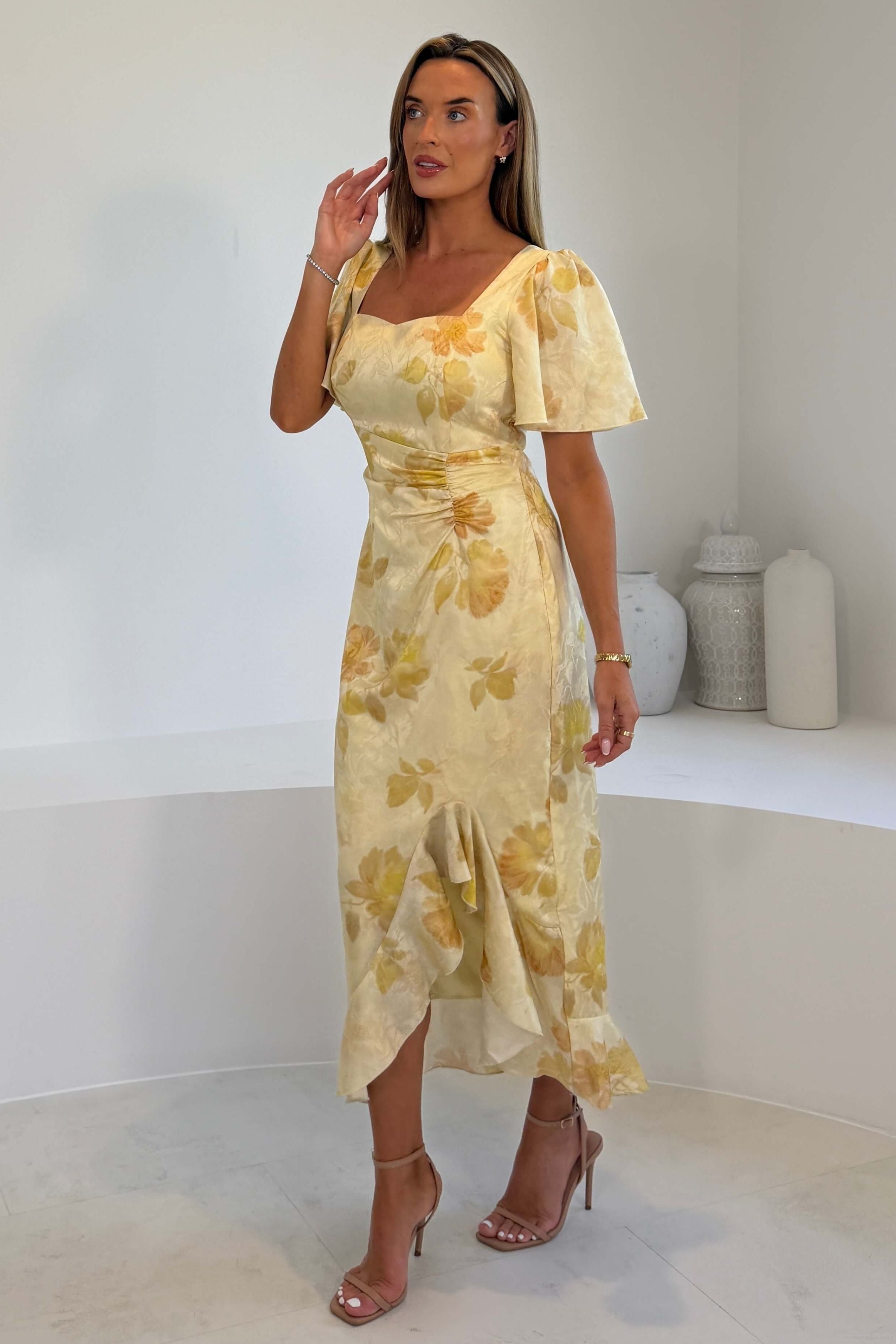 Heidi Floral Print Ruched Midi Dress Yellow