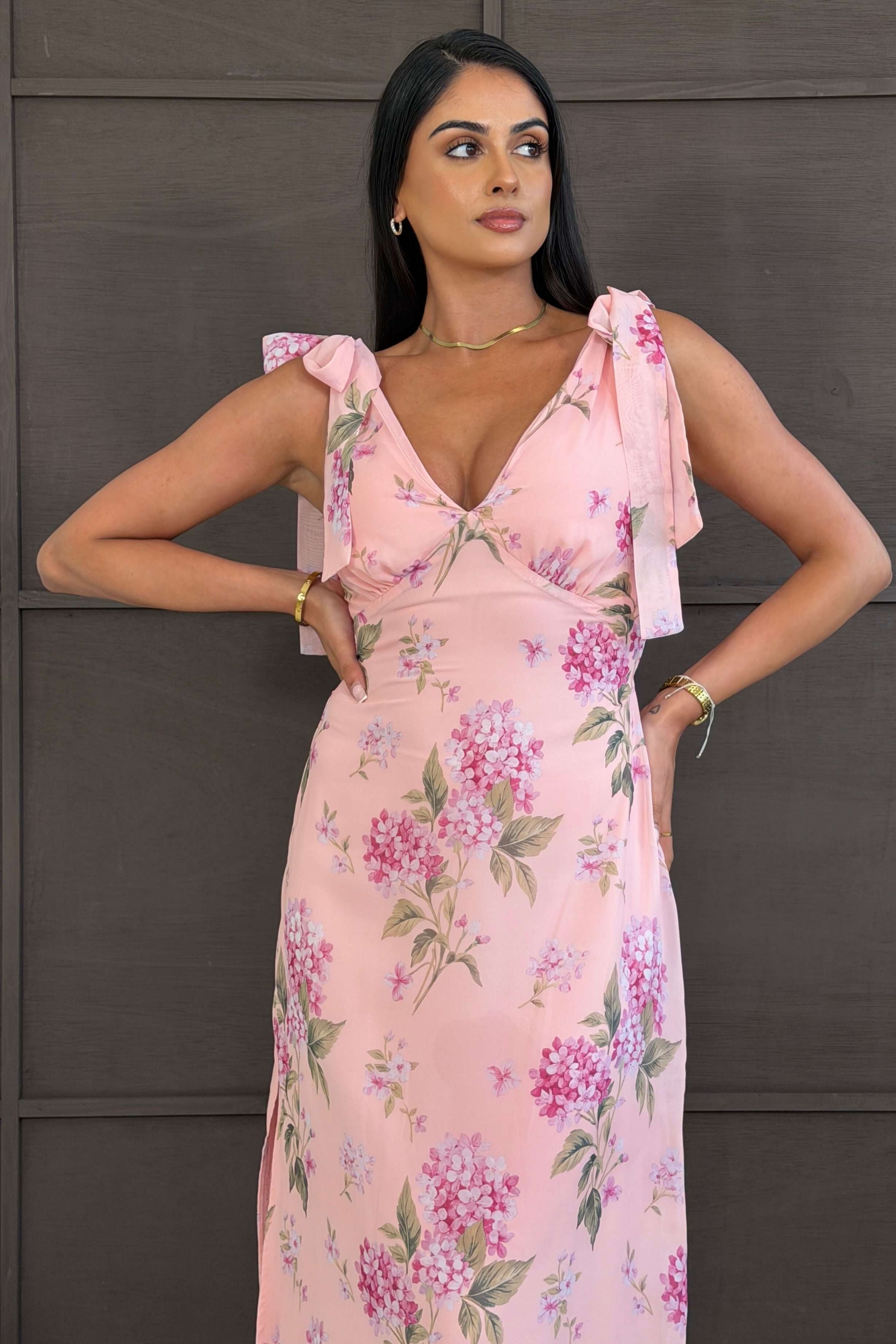 Beverly Floral Tie Shoulder Midi Dress Pink