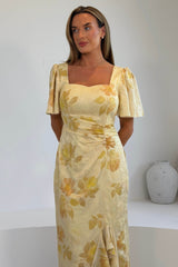 Heidi Floral Print Ruched Midi Dress Yellow