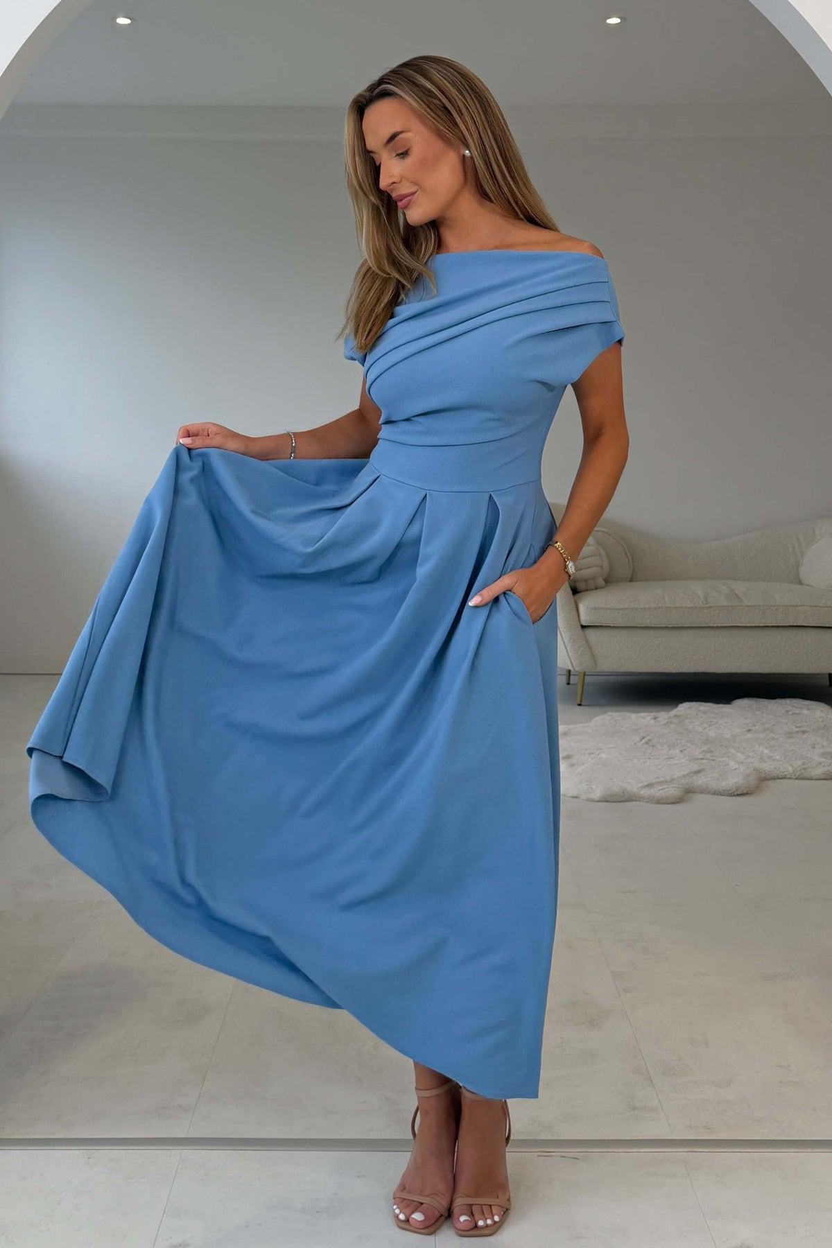 Dollie Asymmetric Neckline Skater Midi Dress Blue
