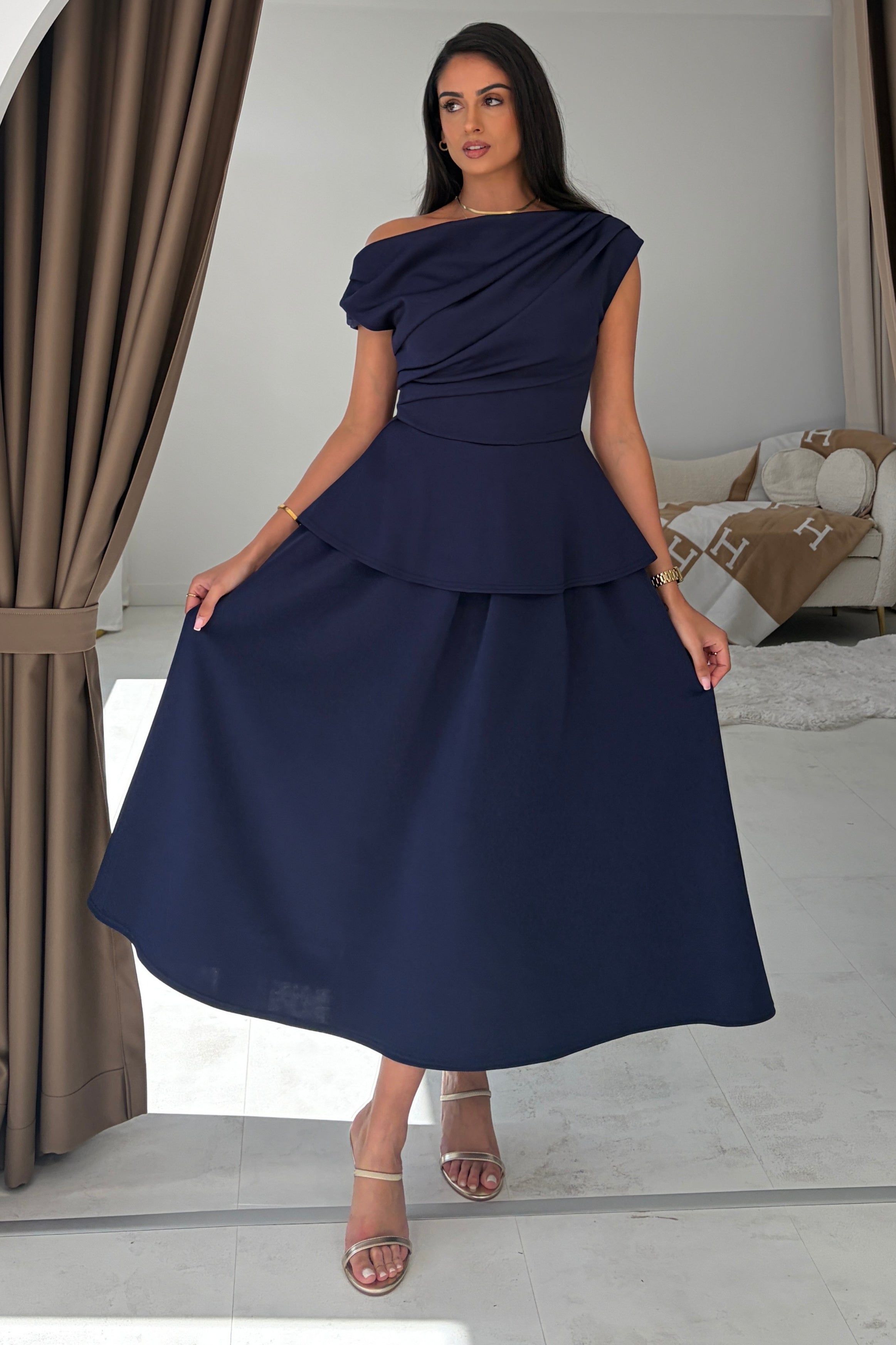 Connie Peplum Midi Dress Navy