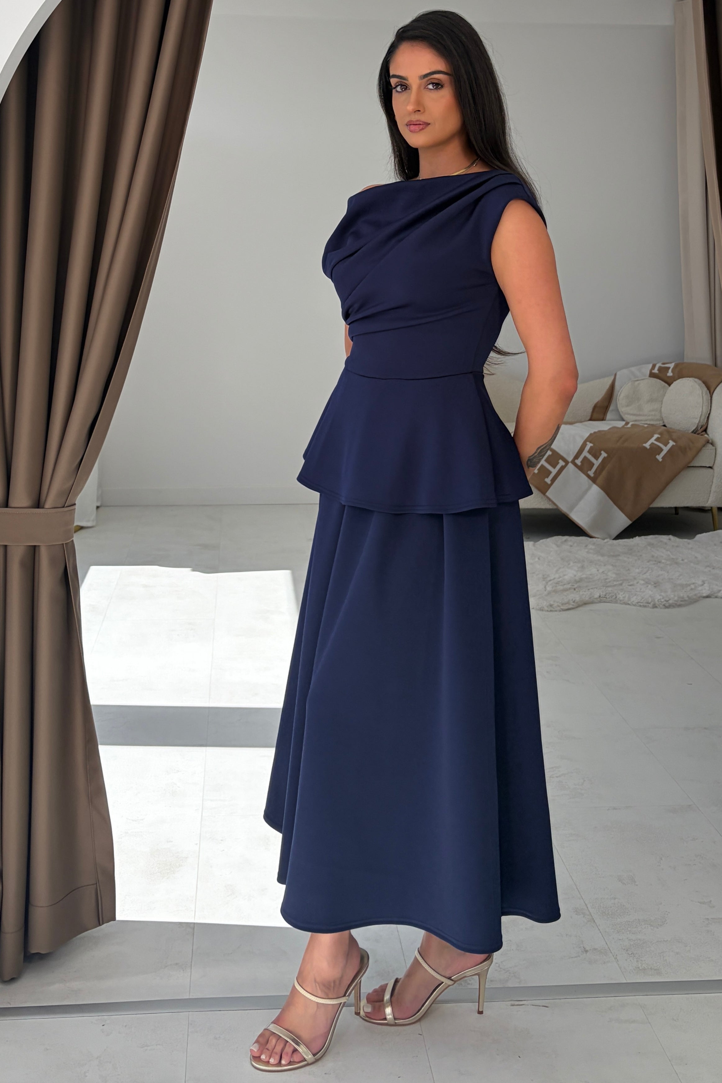 Connie Peplum Midi Dress Navy