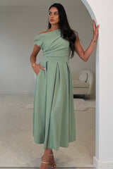 Dollie Asymmetric Neckline Skater Midi Dress Sage