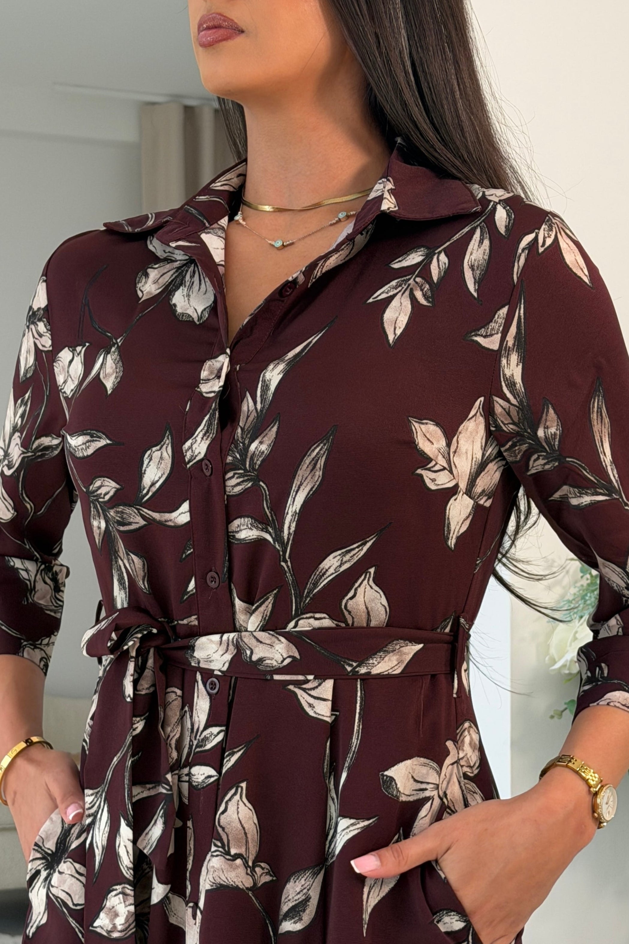 Angela Long Sleeve Maxi Shirt Dress Plum Floral