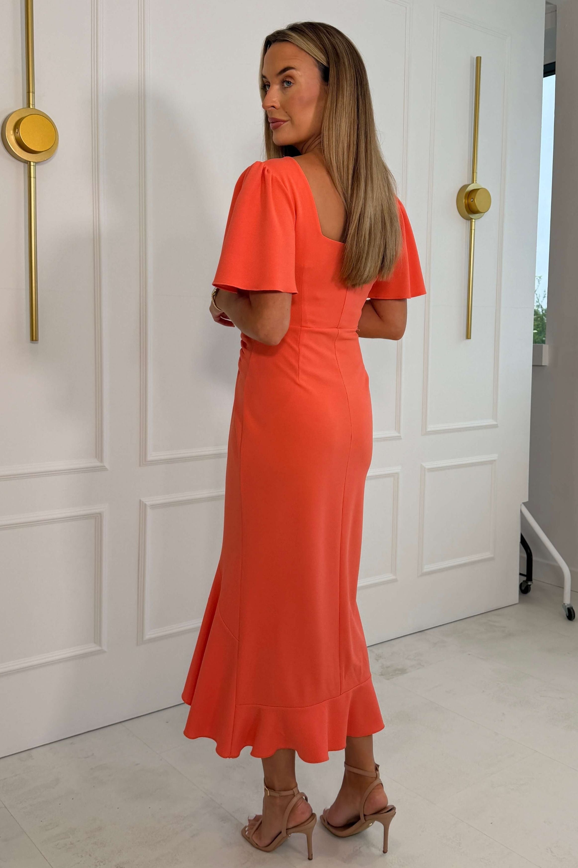 Darcie Flaired Sleeve Frill Midi Dress Coral