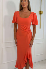 Darcie Flaired Sleeve Frill Midi Dress Coral