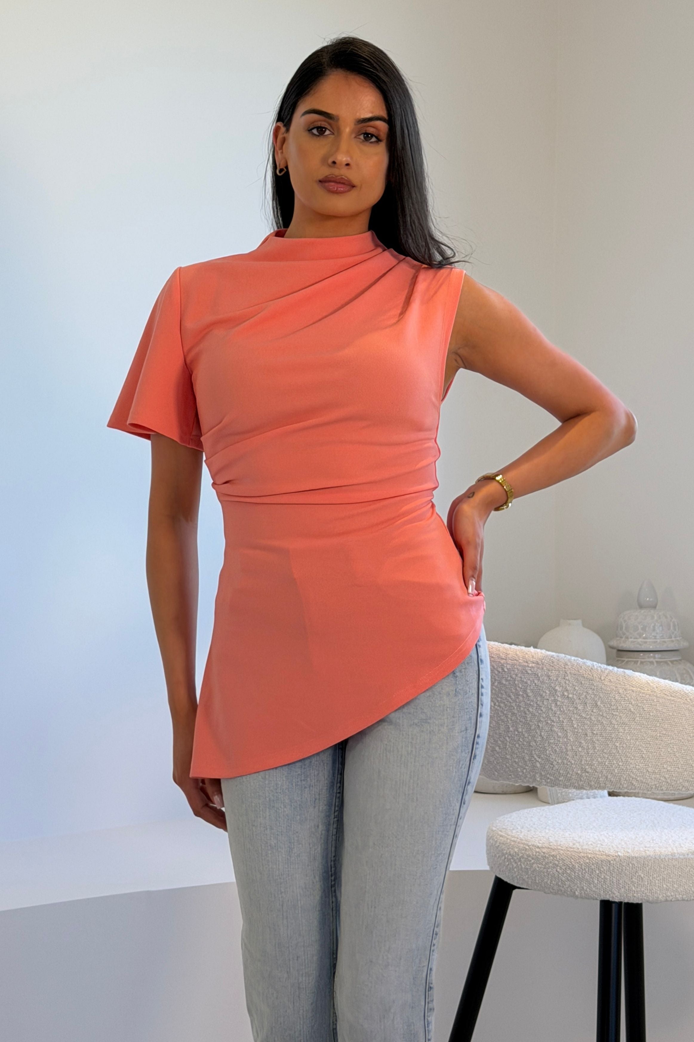 Celina Asymetric Pleated Detail Top Coral