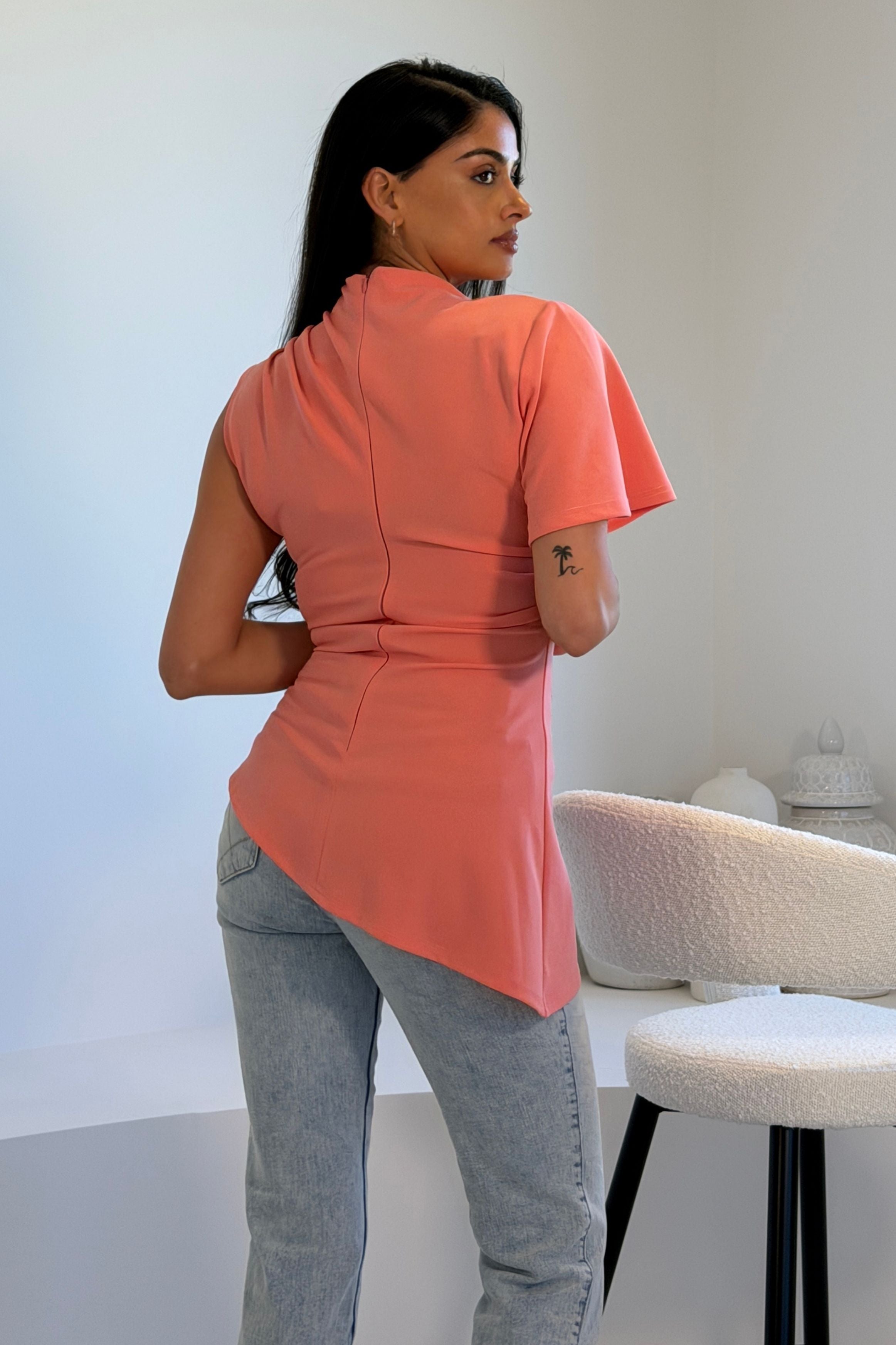 Celina Asymetric Pleated Detail Top Coral