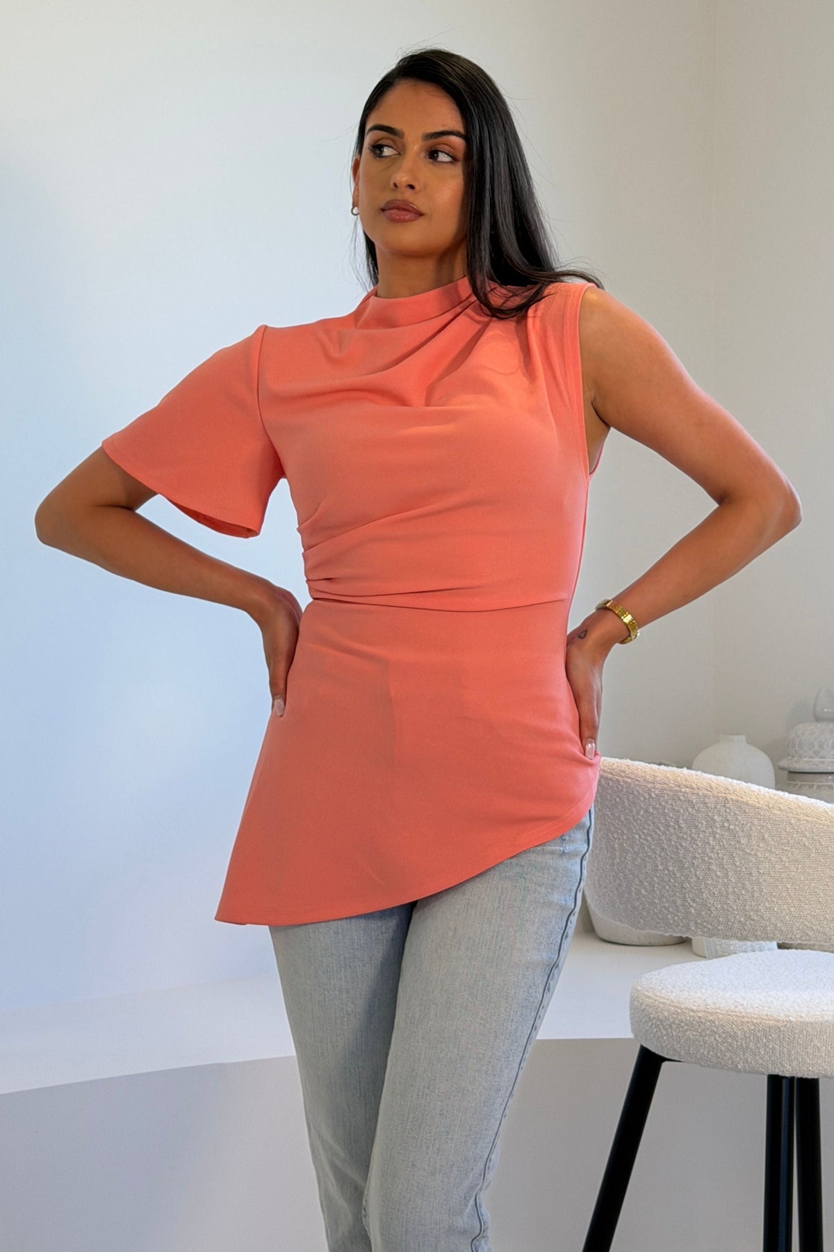 Celina Asymetric Pleated Detail Top Coral