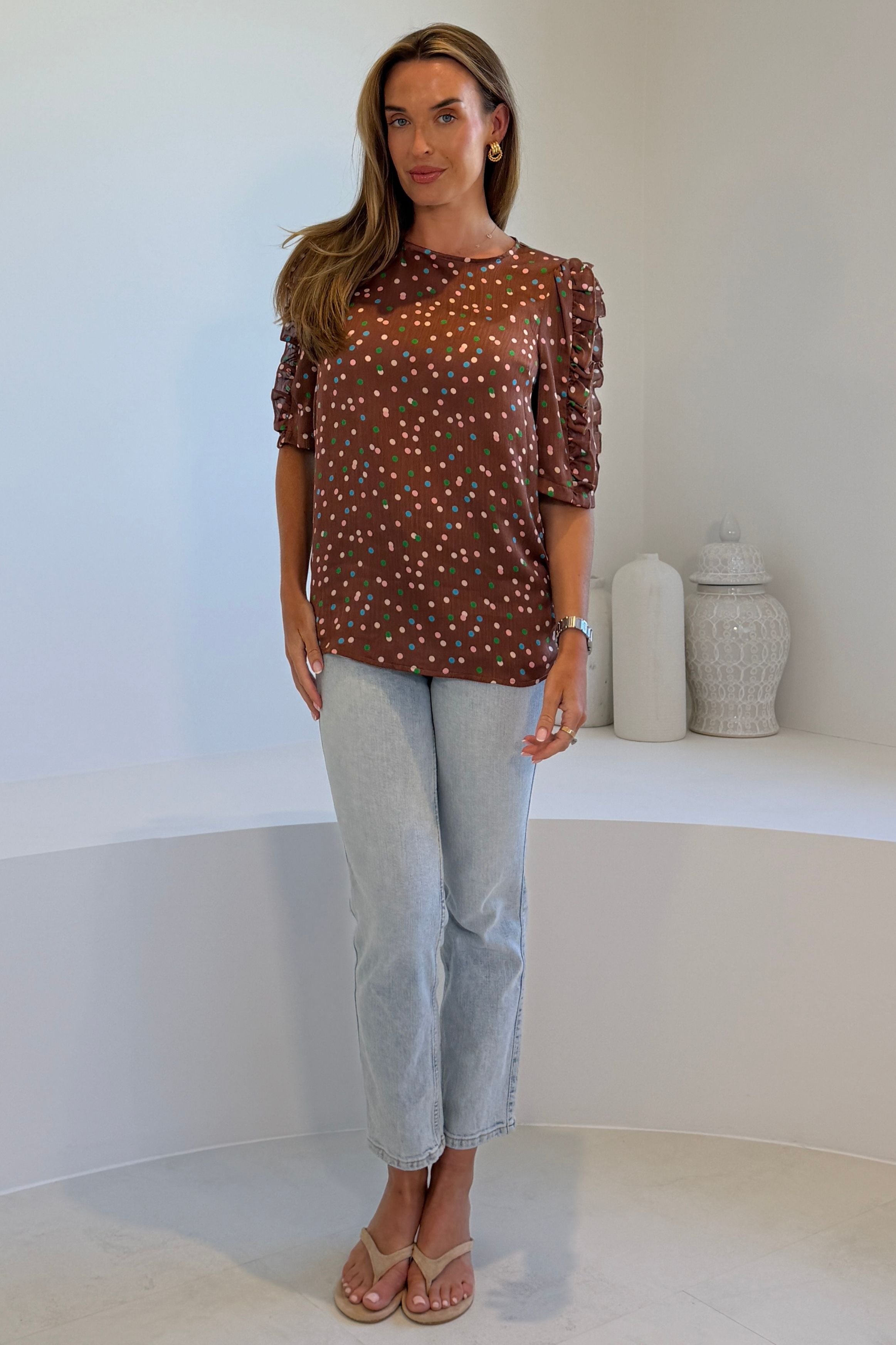 Asher Polka Dot Print Frill Sleeve Top Chocolate
