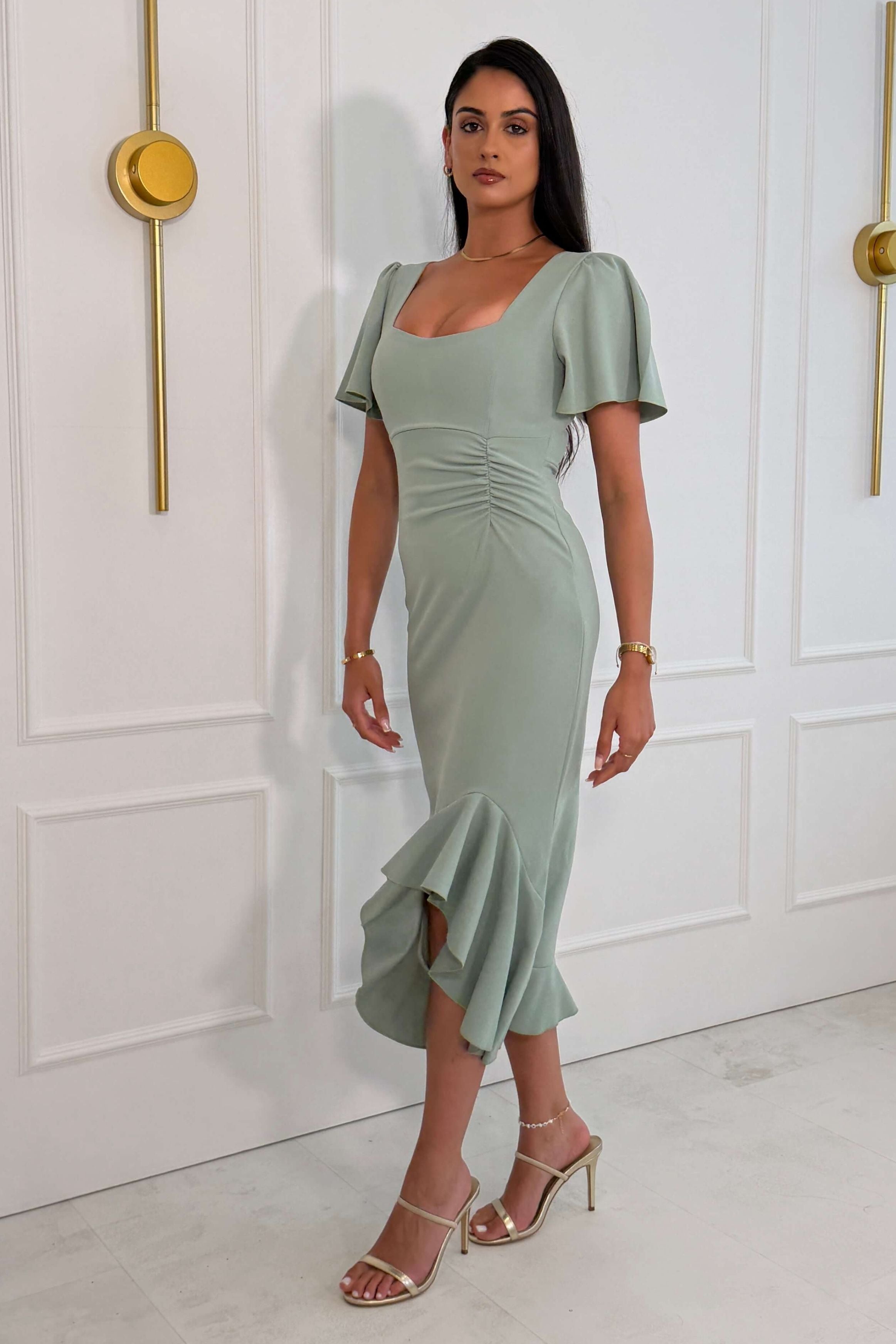 Darcie Flaired Sleeve Frill Midi Dress Sage