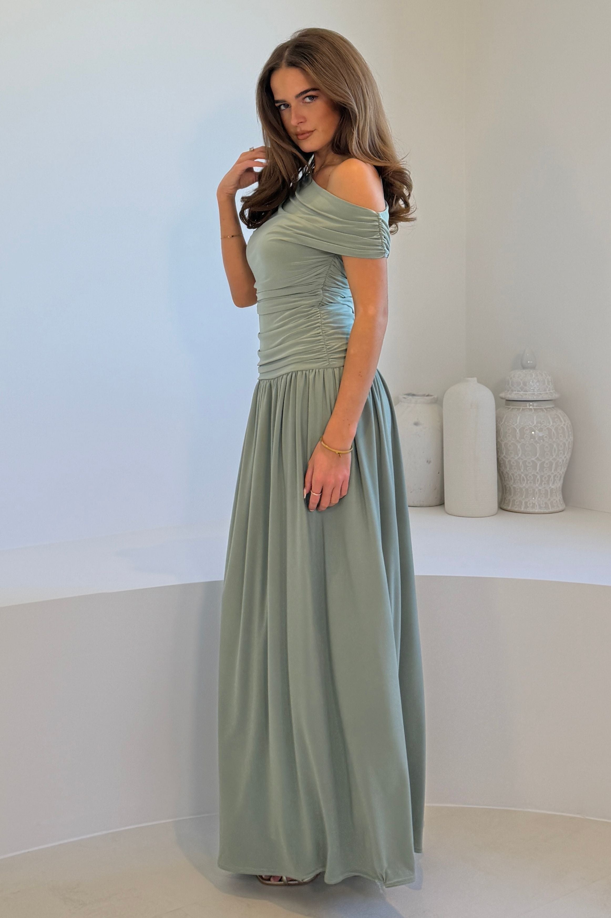 Colette Rushed Off Shoulder Maxi Dress Sage