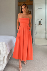 Danni Strapless Bandeau Midi Dress Coral