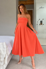 Danni Strapless Bandeau Midi Dress Coral