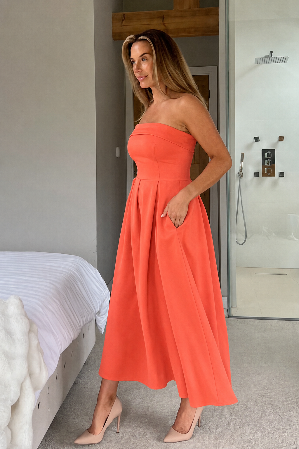 Danni Strapless Bandeau Midi Dress Coral