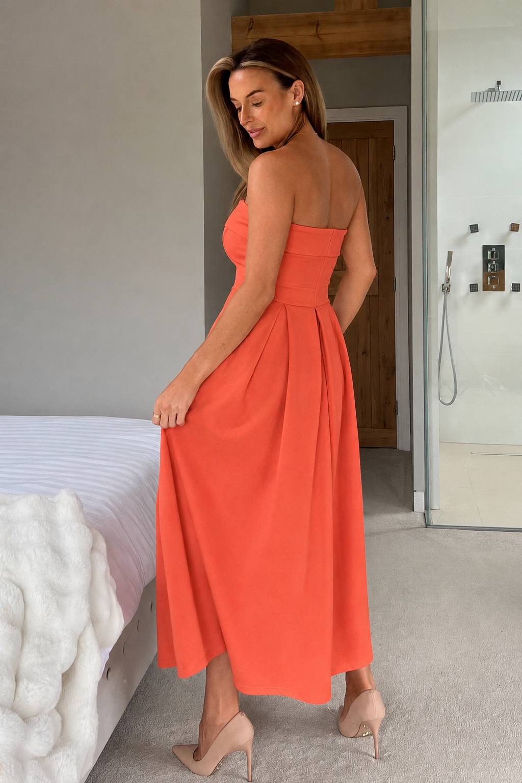 Danni Strapless Bandeau Midi Dress Coral