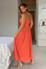 Danni Strapless Bandeau Midi Dress Coral