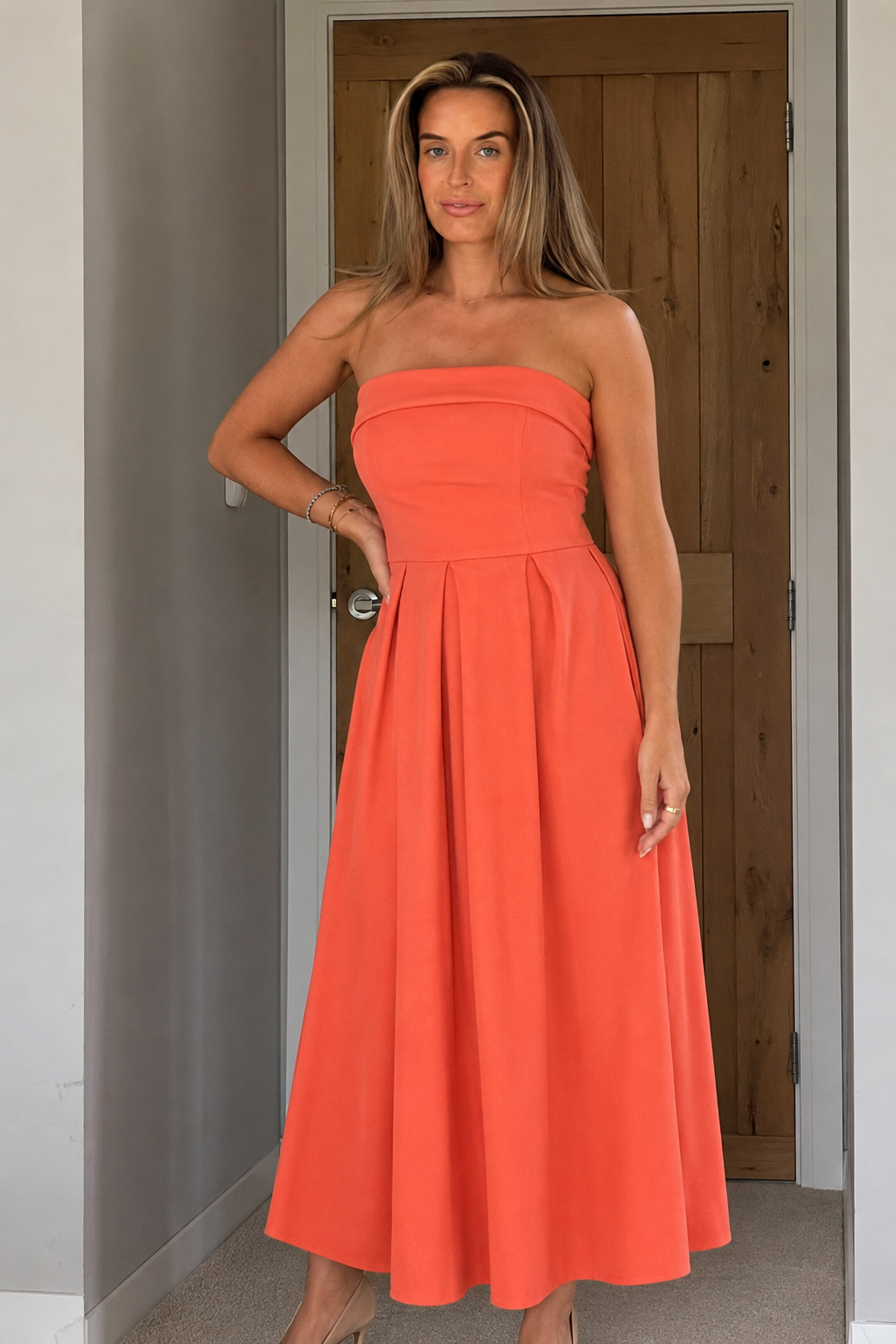 Danni Strapless Bandeau Midi Dress Coral