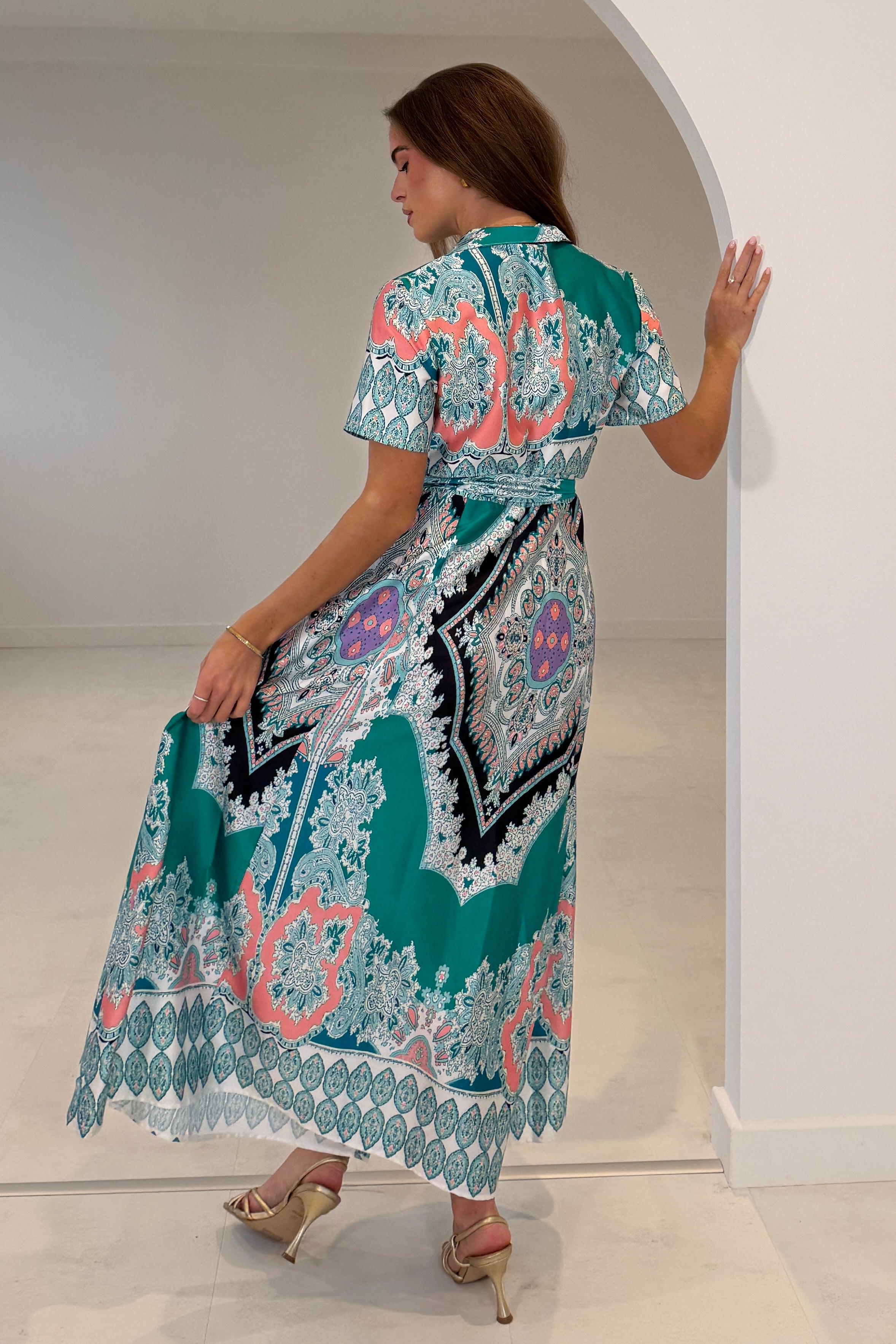 Aurora Paisly Print Midi Shirt Dress Green