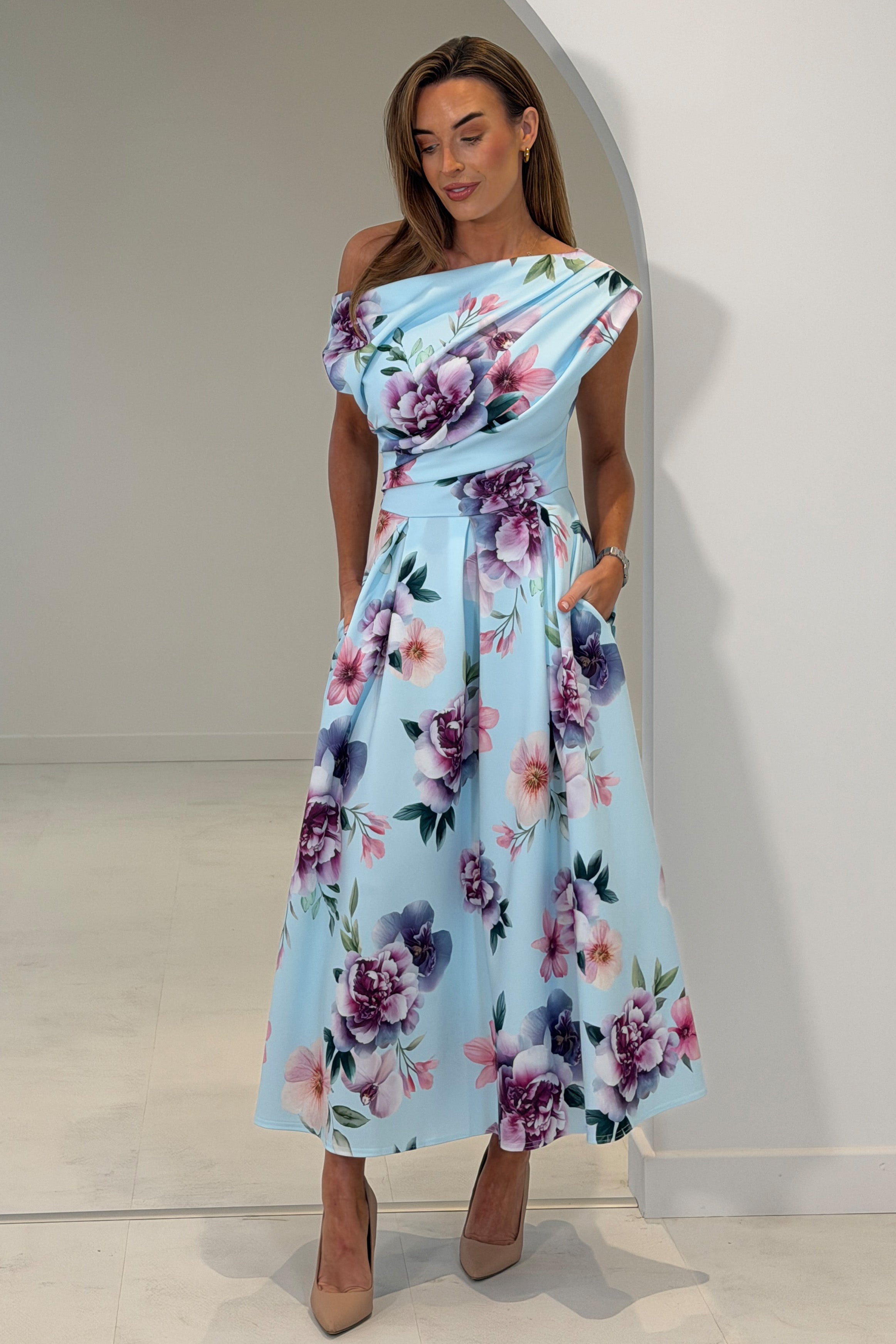 Betty Asymmetric Neckline Skater Midi Dress Blue Print