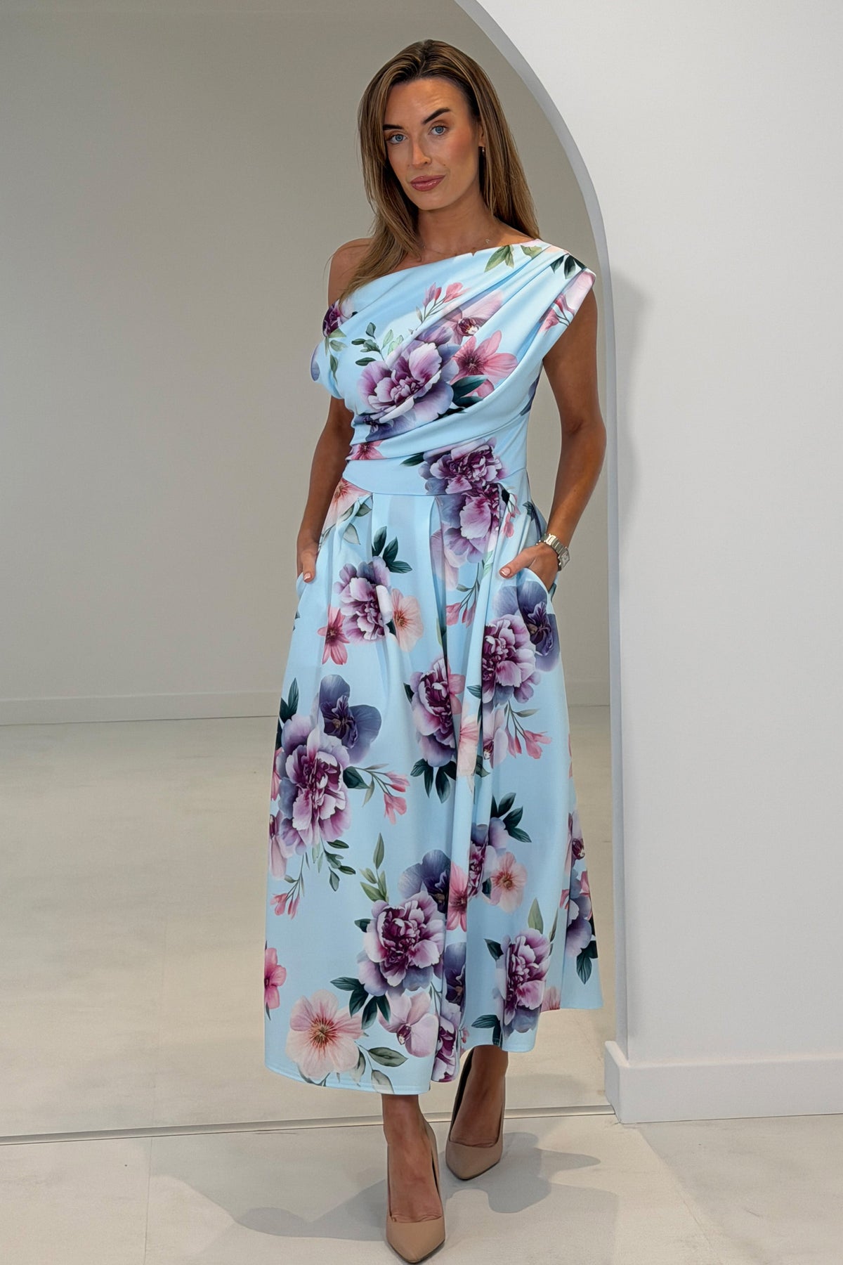 Betty Asymmetric Neckline Skater Midi Dress Blue Print
