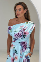 Betty Asymmetric Neckline Skater Midi Dress Blue Print
