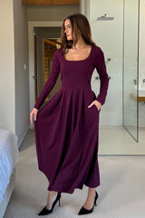 Evie Square Neck Long Sleeve Midi Dress Plum