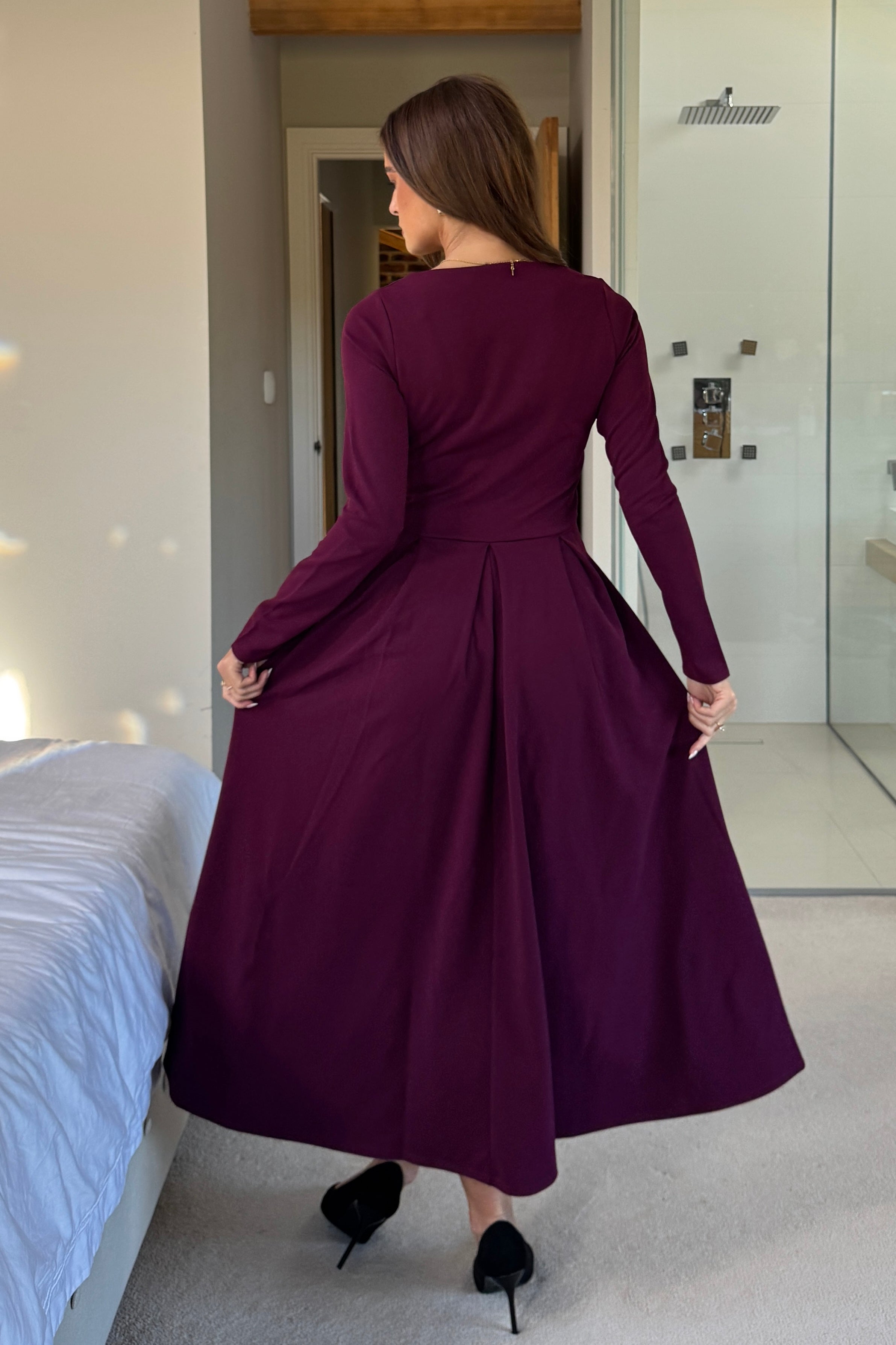 Evie Square Neck Long Sleeve Midi Dress Plum