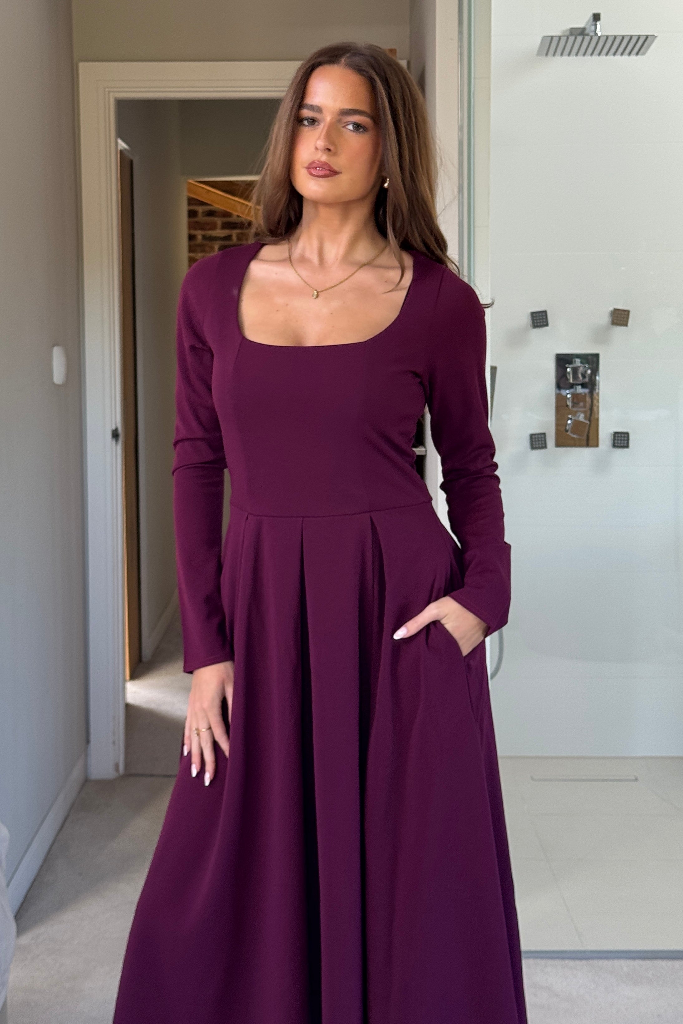 Evie Square Neck Long Sleeve Midi Dress Plum