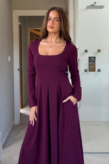 Evie Square Neck Long Sleeve Midi Dress Plum