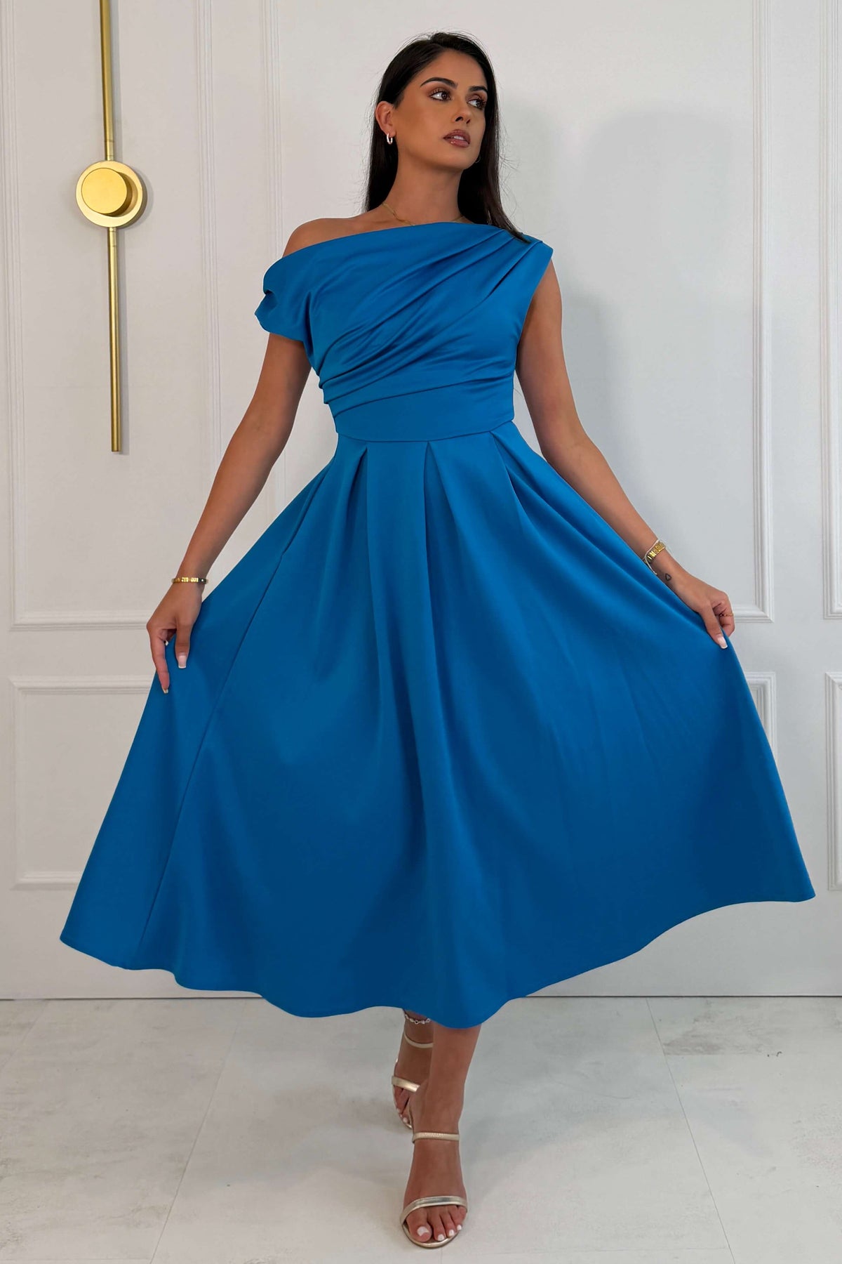 Betty Asymmetric Neckline Skater Midi Dress Teal