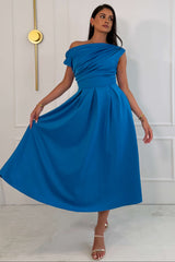 Betty Asymmetric Neckline Skater Midi Dress Teal