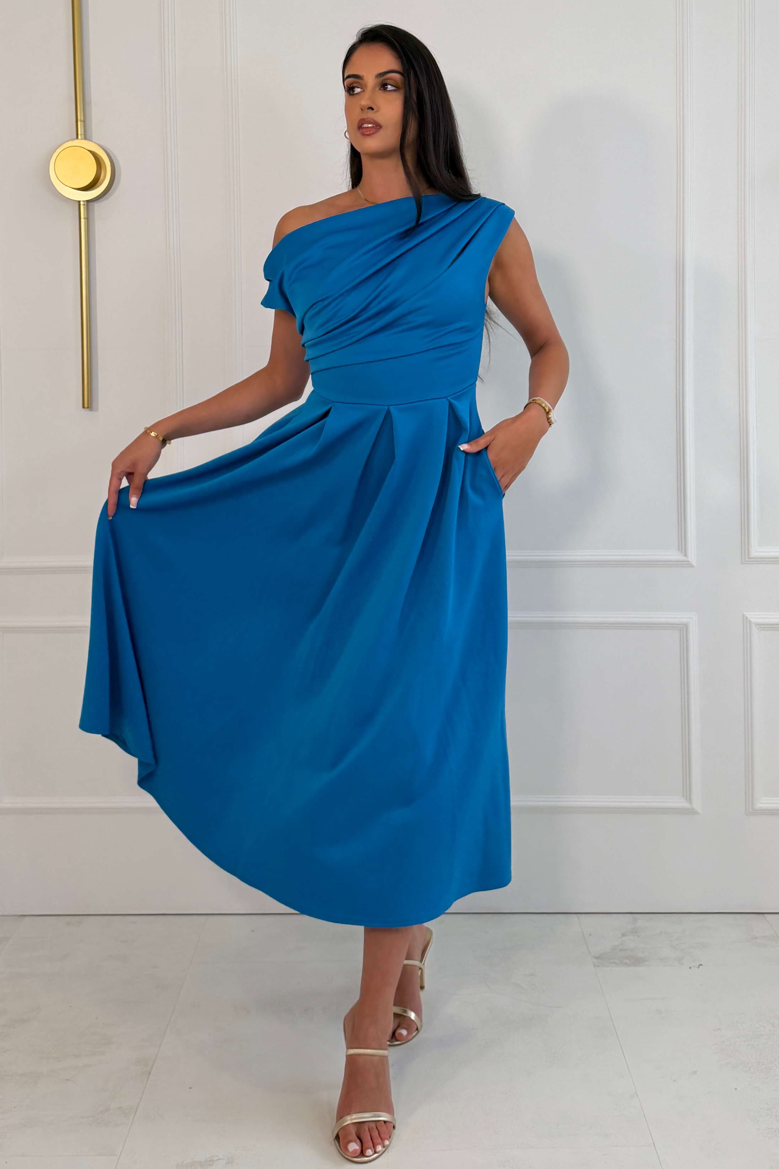 Betty Asymmetric Neckline Skater Midi Dress Teal