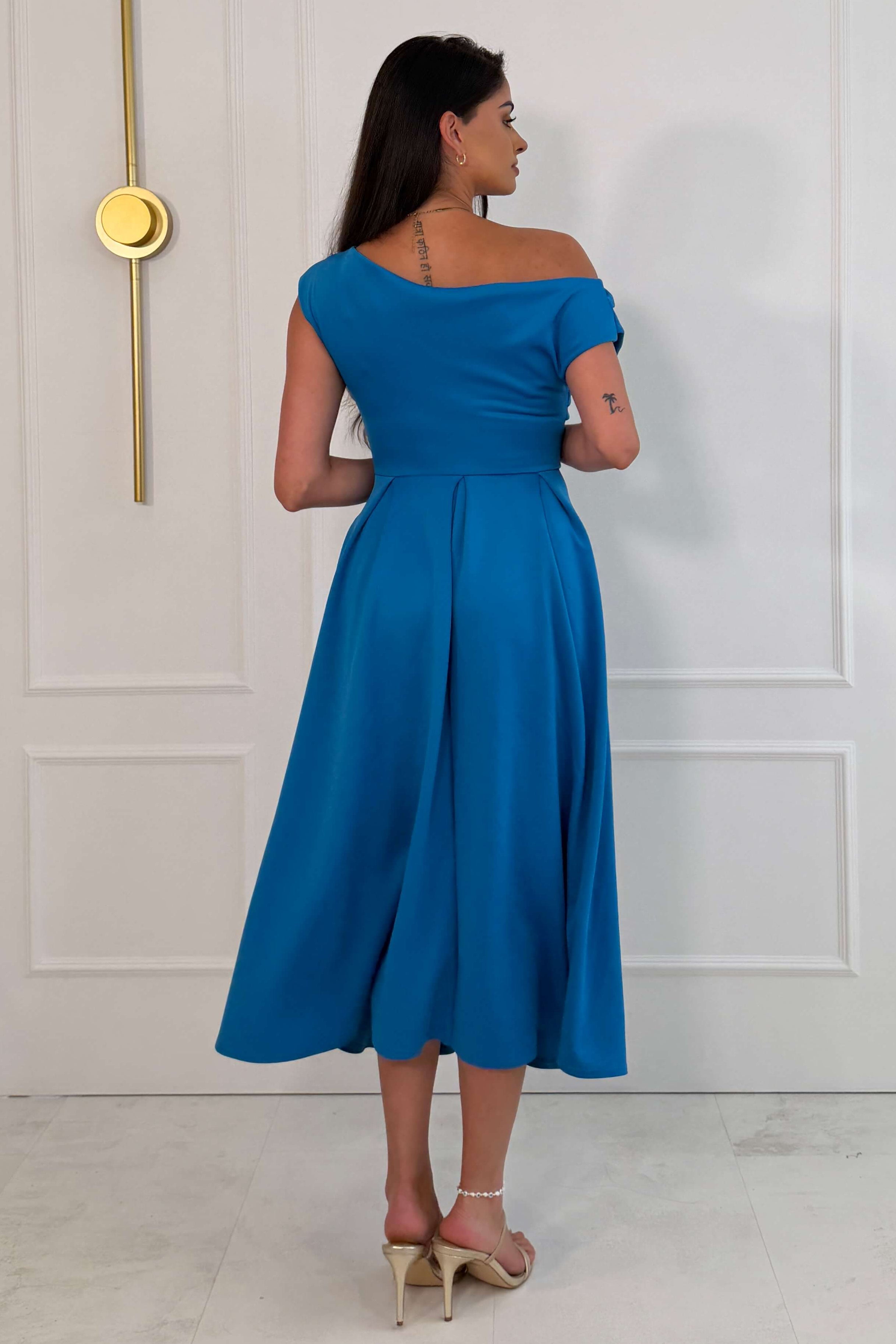 Betty Asymmetric Neckline Skater Midi Dress Teal