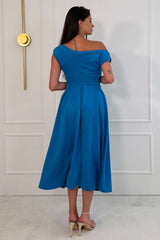 Betty Asymmetric Neckline Skater Midi Dress Teal