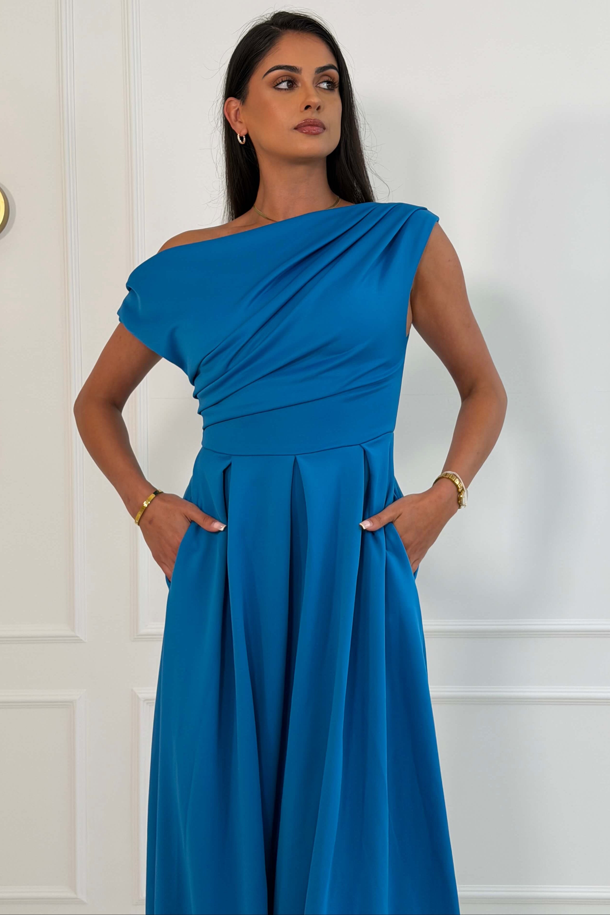 Betty Asymmetric Neckline Skater Midi Dress Teal