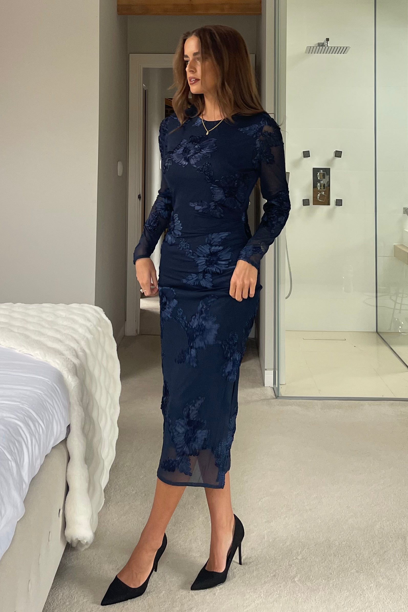 Elodie Floral Embroidered Mesh Bodycon Dress Midi Navy