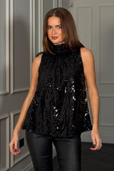 Jessica Black Sequin High Neck Top
