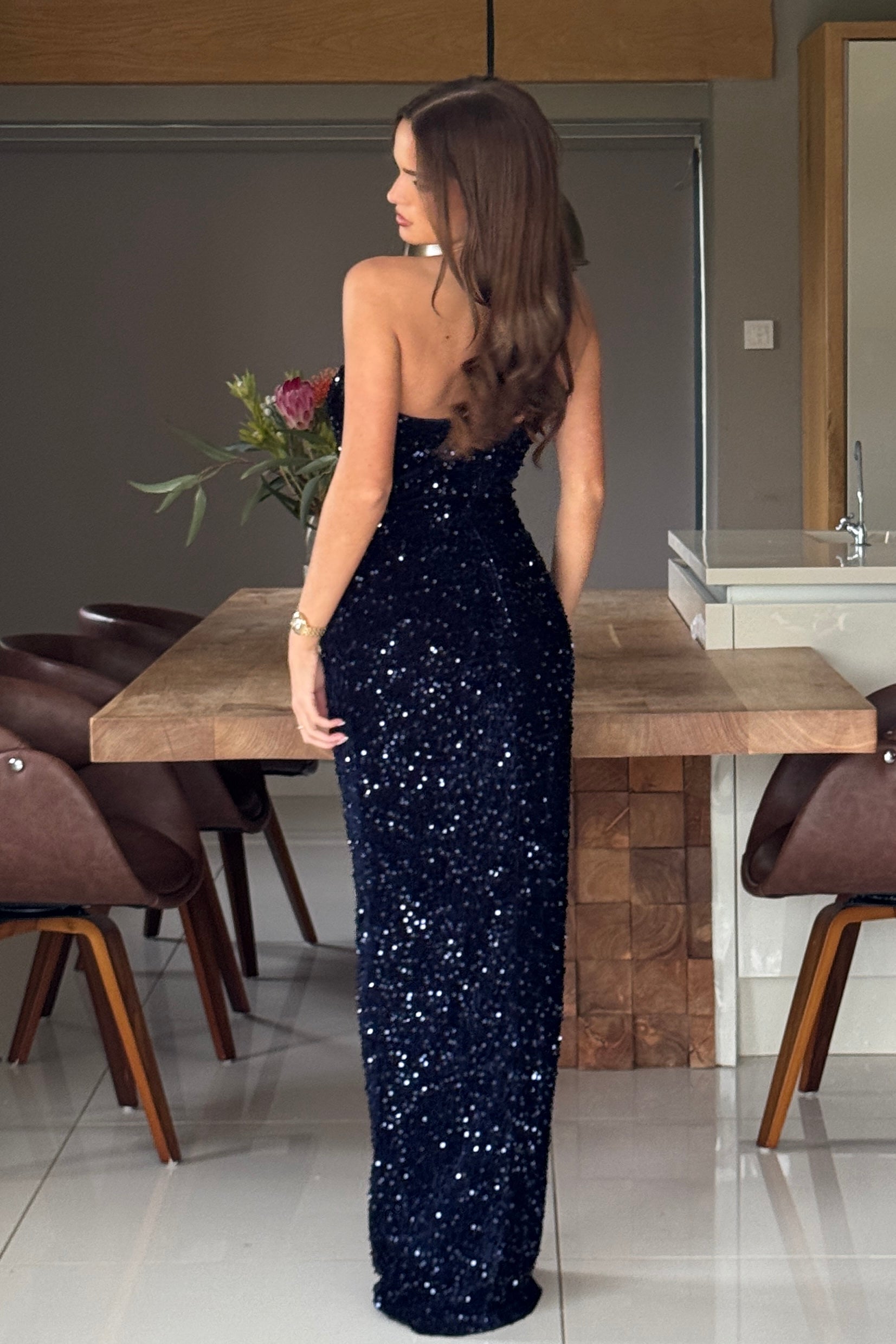 Ava Navy Velvet Sequin Occasion Maxi Dress