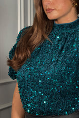 Lilith Puff Sleeve High Neck Bodysuit Teal