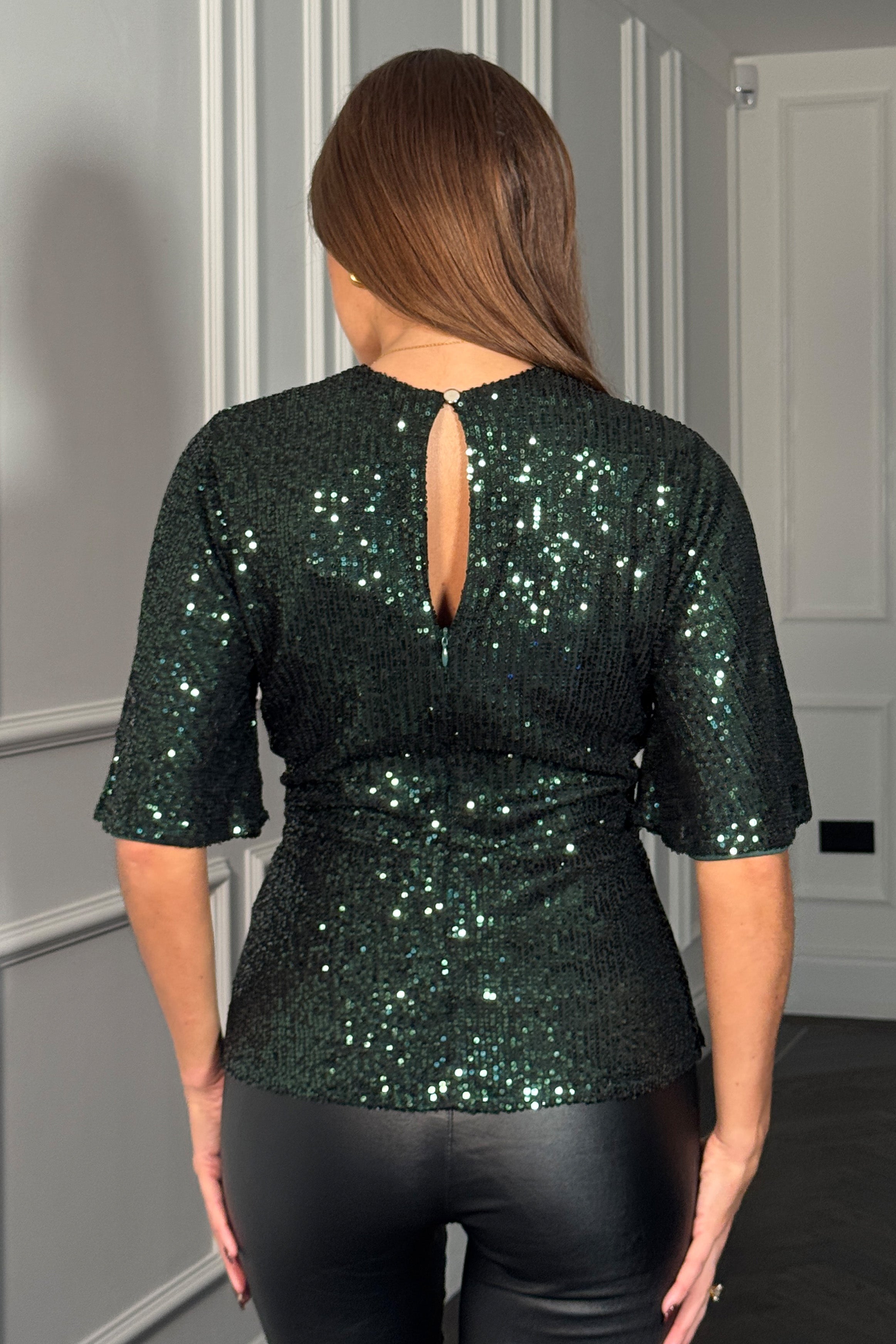 Brooke Green Sequin Wrap Detail Top