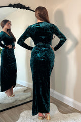 Hailey Green Velvet Asymmetric Wrap Midi Dress